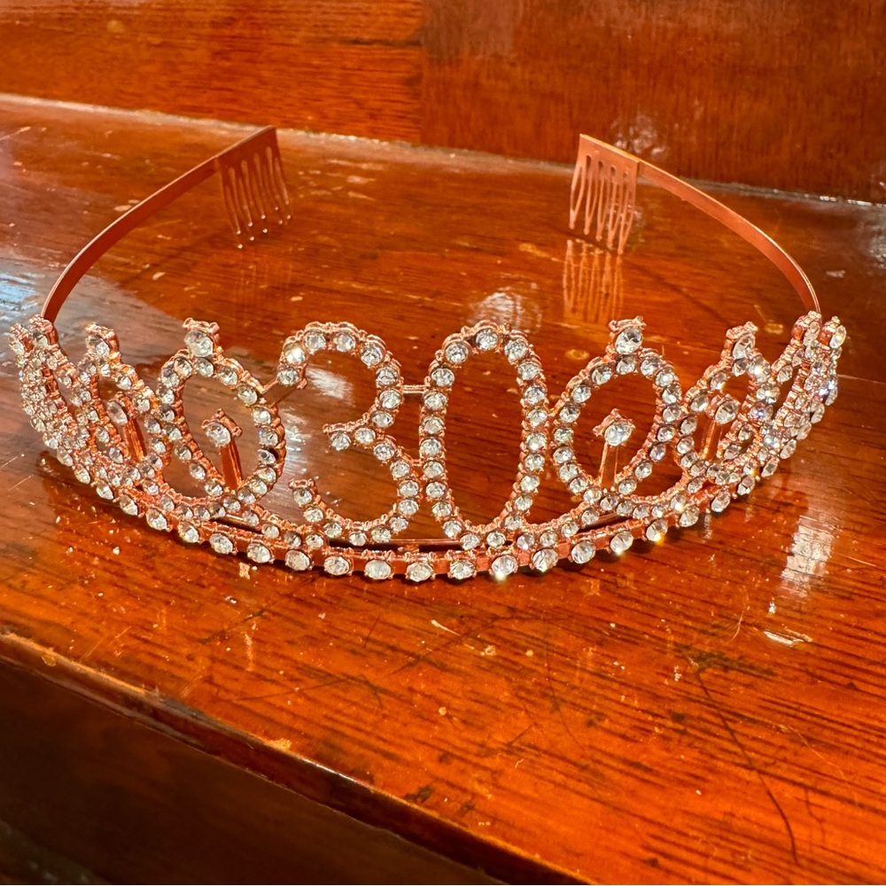 30th birthday rhinestone tiara with rose gold tone metal